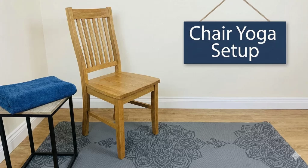 A sturdy wooden chair placed on a non-slip mat with a folded towel nearby.
