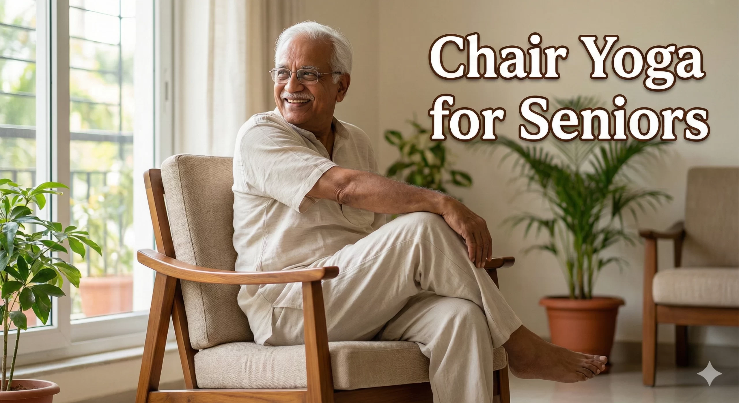 An elderly Indian man sitting on a chair comfortably smiling, looking flexible and happy. Text overlay: Chair Yoga for Seniors