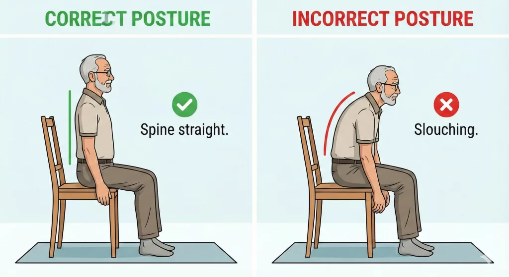 Diagram showing correct vs incorrect posture while sitting on a chair for yoga. Correct: Spine straight. Incorrect: Slouching.