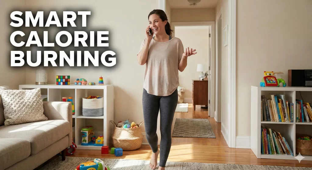 A woman walking while talking on the phone inside the house. Text overlay Smart Calorie Burning