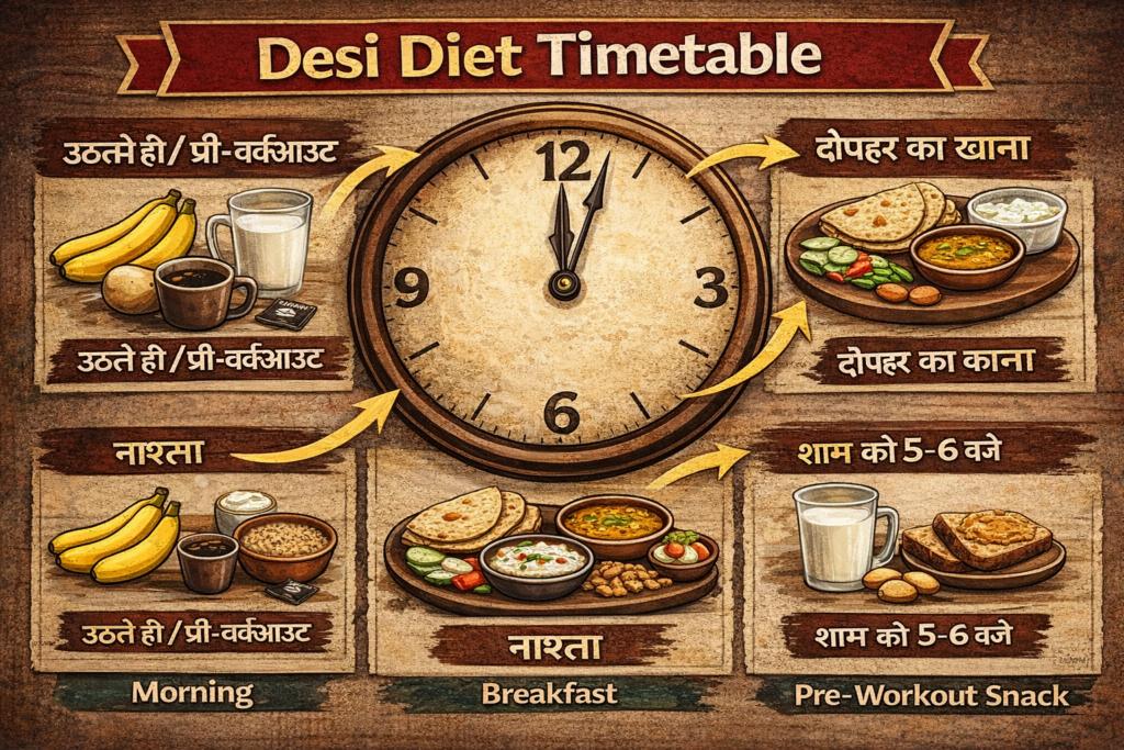 Infographic showing a clock with meals: Bananas in morning, Roti/Dal in lunch, Milk at night. Hindi Text: Desi Diet Timetable