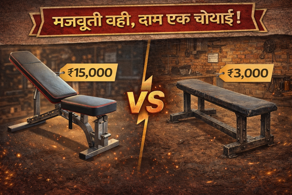 Comparative infographic showing a branded shiny gym bench with a ₹15,000 tag vs a rugged homemade bench with a ₹3,000 tag
