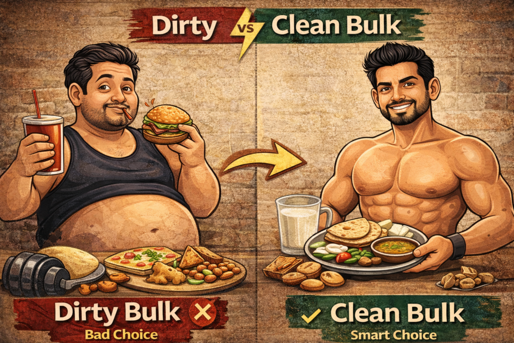 Comparison Image. Left: Guy eating burger (Fat belly). Right: Guy eating Roti/Paneer (Muscular Body). Text: Dirty Bulk vs Clean Bulk