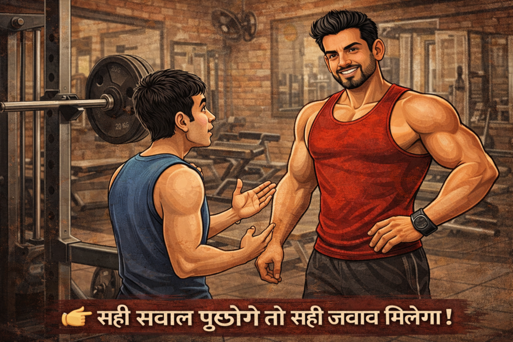Gym floor scene, a skinny guy sincerely asking a muscular trainer about squat form. Caption सही सवाल पूछोगे तो सही जवाब मिलेगा।