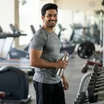 A fit Indian man smiling confidently holding a water bottle in the gym, demonstrating positive body language and grooming to impress a crush.
