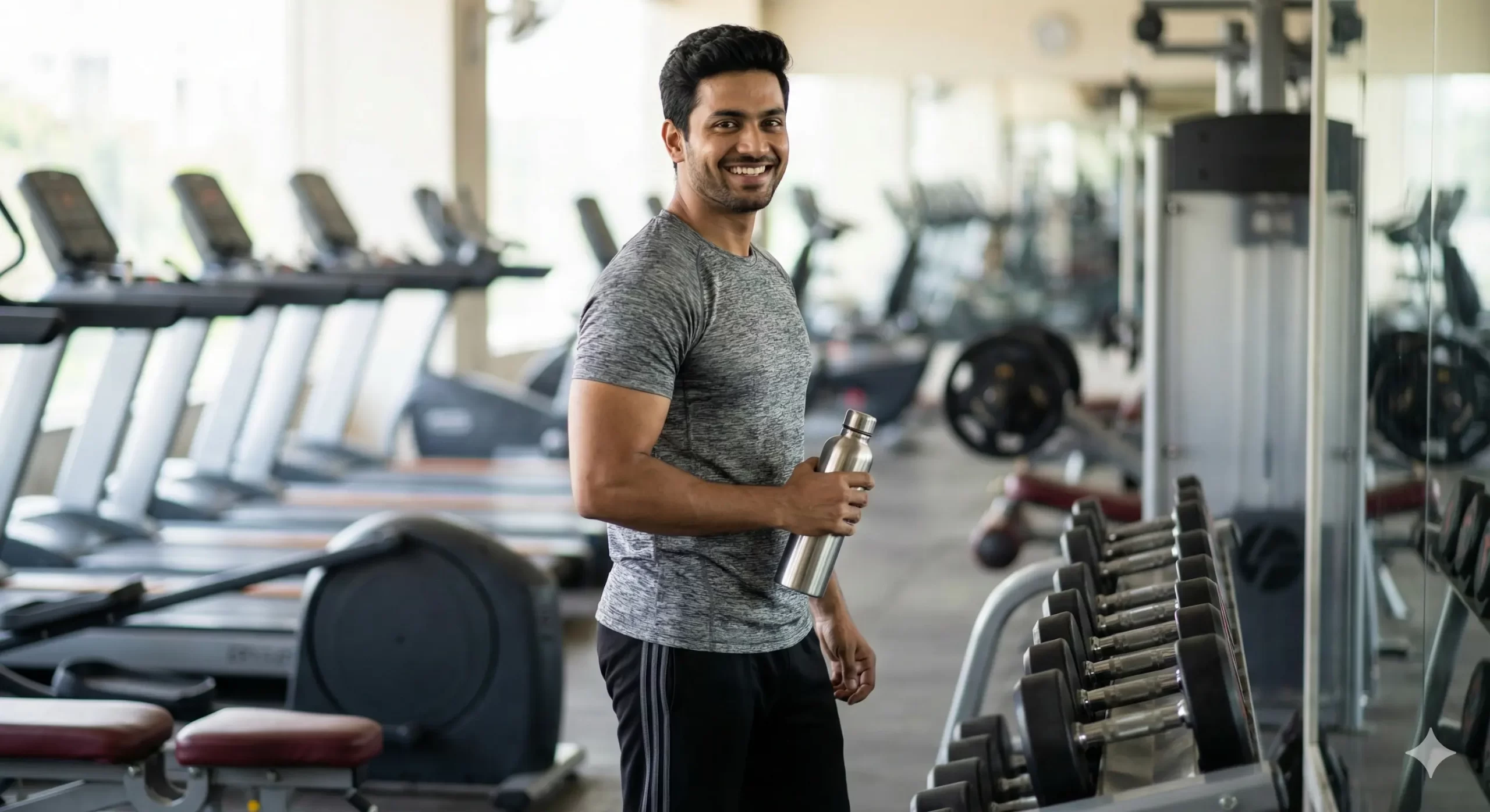 A fit Indian man smiling confidently holding a water bottle in the gym, demonstrating positive body language and grooming to impress a crush.