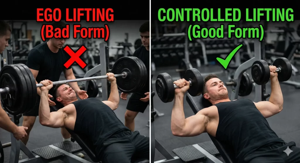 Comparison illustration showing a man doing ego lifting with bad form versus a man doing controlled lifting with perfect posture, highlighting gym etiquette.