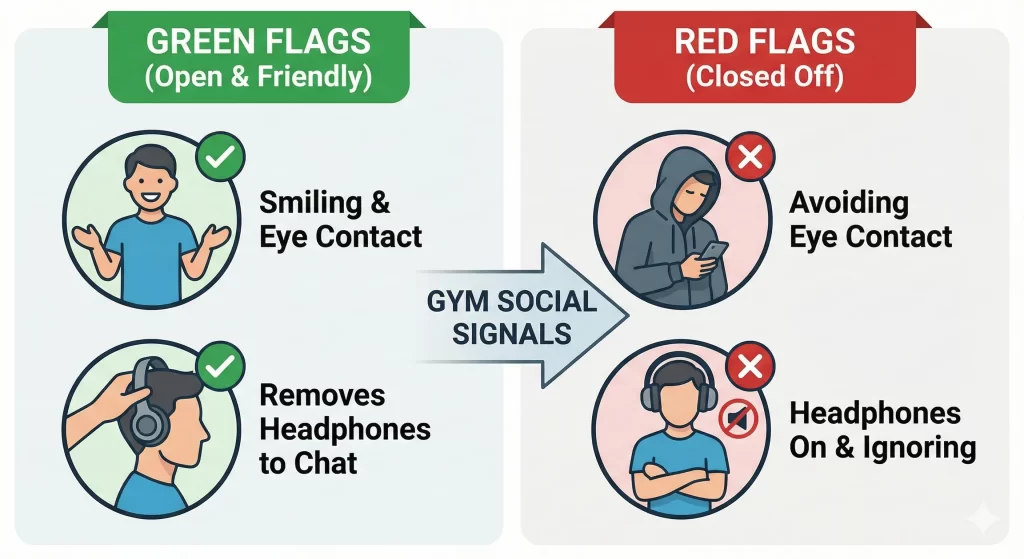 Infographic guide showing gym attraction green flags like smiling and removing headphones versus red flags like avoiding eye contact and looking busy.