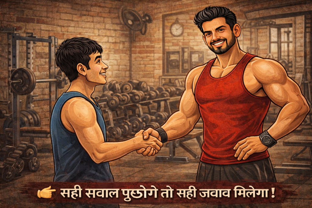 gym trainer shaking hands with student in indian gym for free training tips