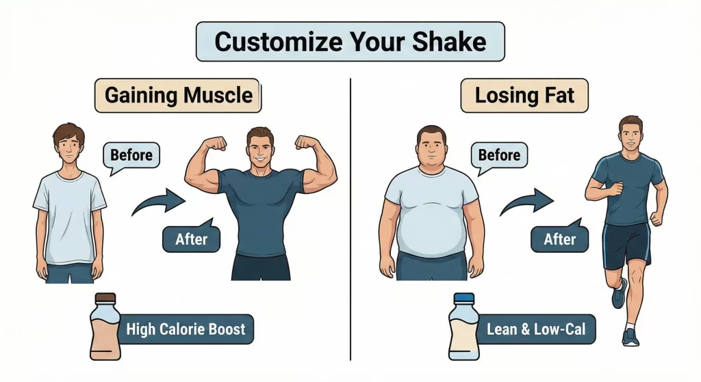 Illustration showing how to customize homemade protein shake for weight gain (bulking) vs weight loss (cutting).
