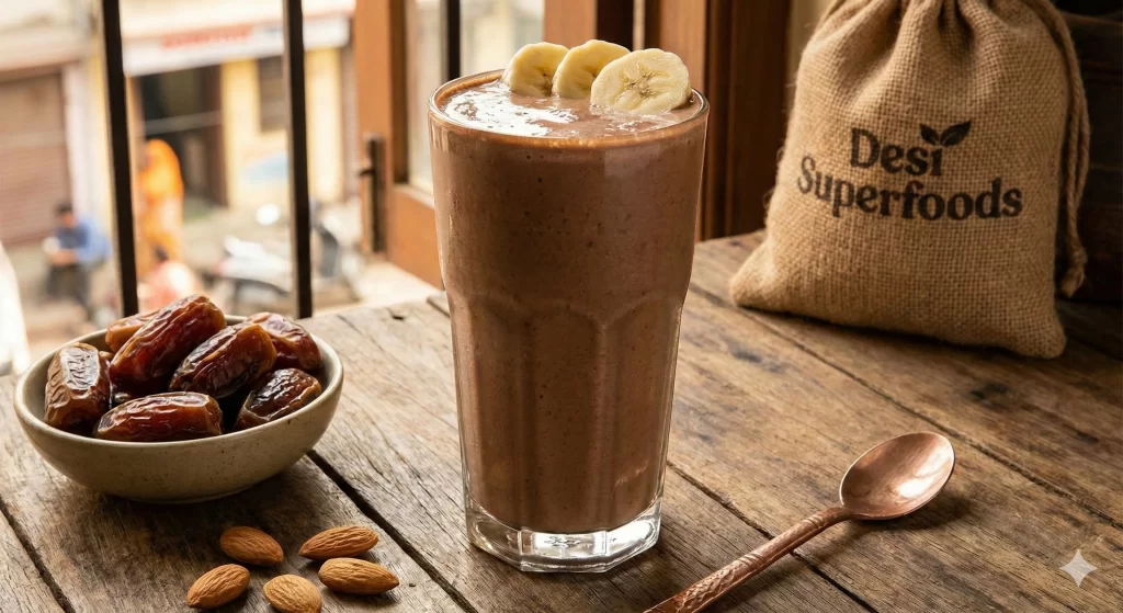 Glass of chocolate colored desi protein shake with banana slices on top. Desi Bodybuilding diet.