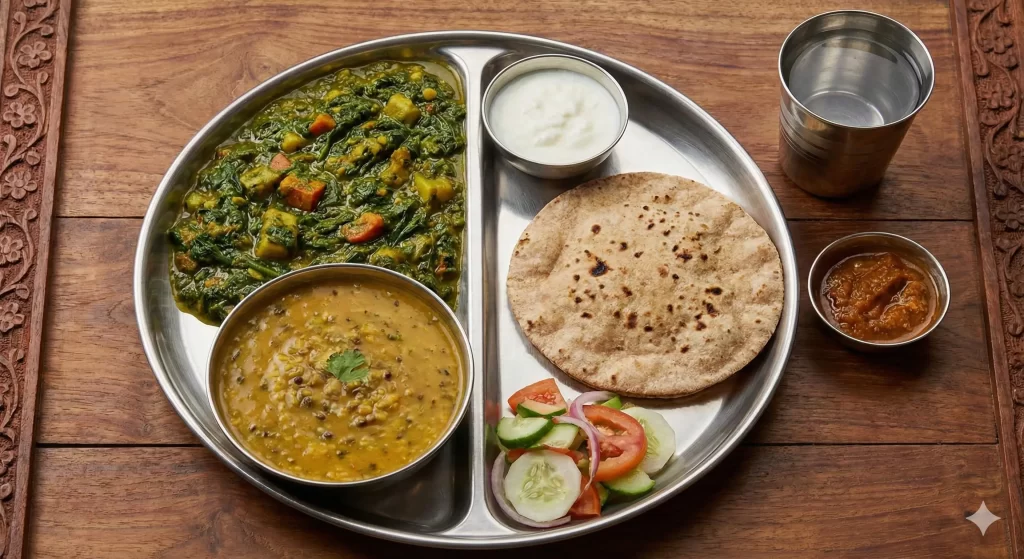 एक भारतीय थाली जिसमें आधी प्लेट हरी सब्जी और दाल है, और सिर्फ एक रोटी है। Healthy Indian Thali Concept