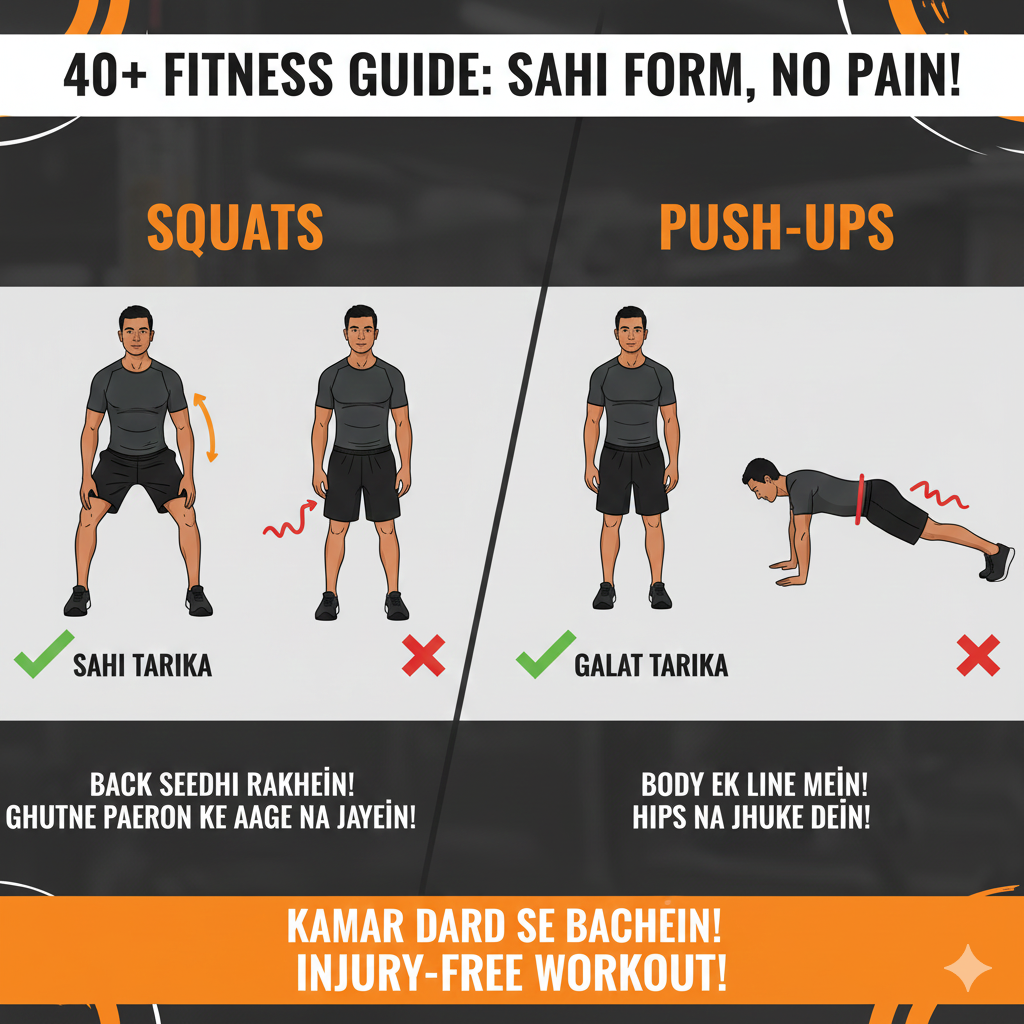 इन्फोग्राफिक जिसमें 40+ पुरुषों के लिए स्क्वैट्स और पुश-अप्स का सही तरीका दिखाया गया है ताकि कमर दर्द से बचा जा सके