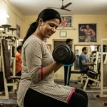 एक फिट भारतीय महिला जिम में डम्बल के साथ वर्कआउट करती हुई, चेहरे पर आत्मविश्वास है। Background में desi gym का दृश्य।