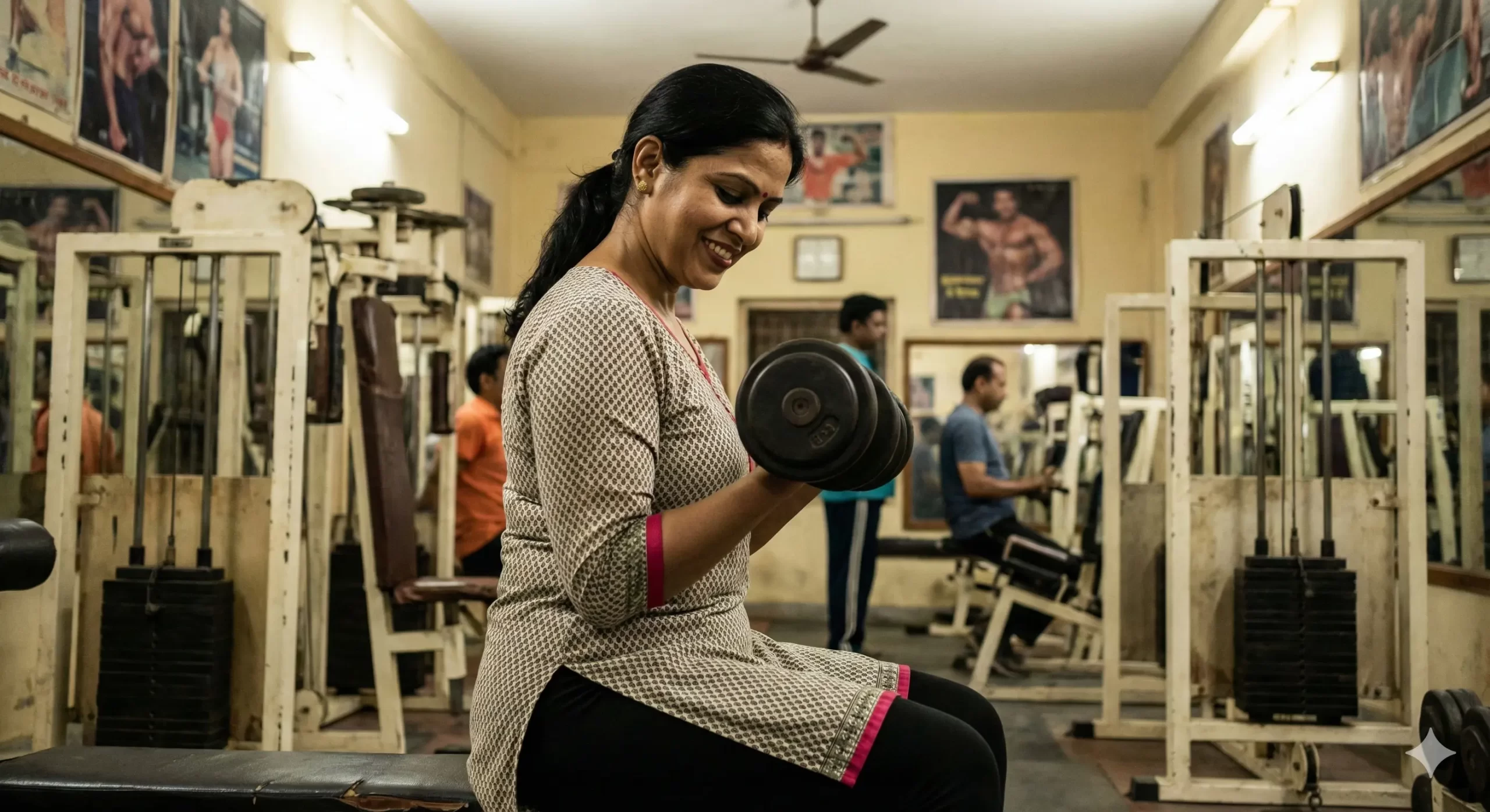 एक फिट भारतीय महिला जिम में डम्बल के साथ वर्कआउट करती हुई, चेहरे पर आत्मविश्वास है। Background में desi gym का दृश्य।